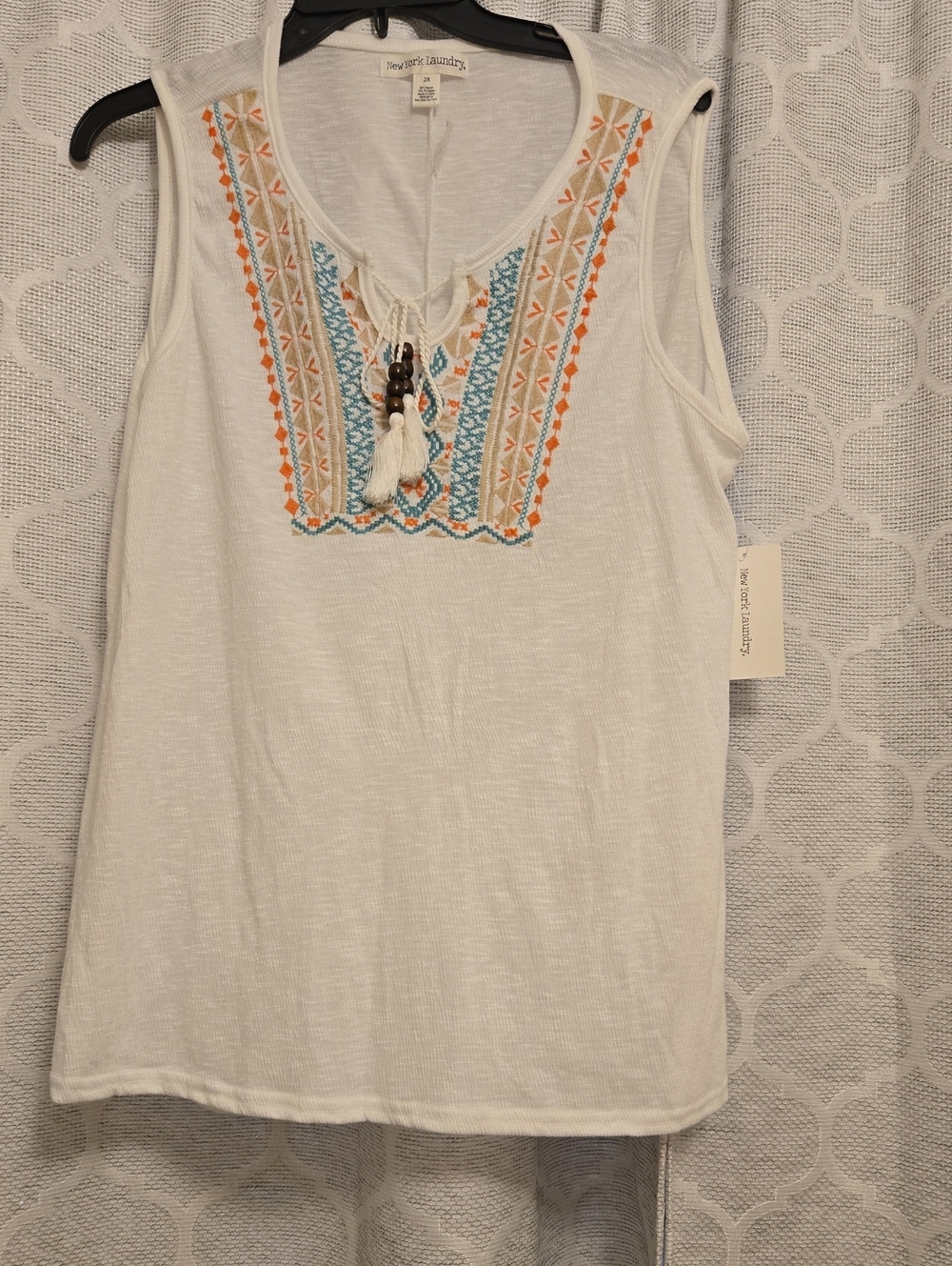 New York Laundry White Tank with Orange and Teal Embroidery
